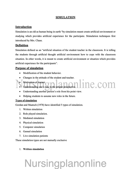 NOTES ON SIMULATION - Nursing Plan Online