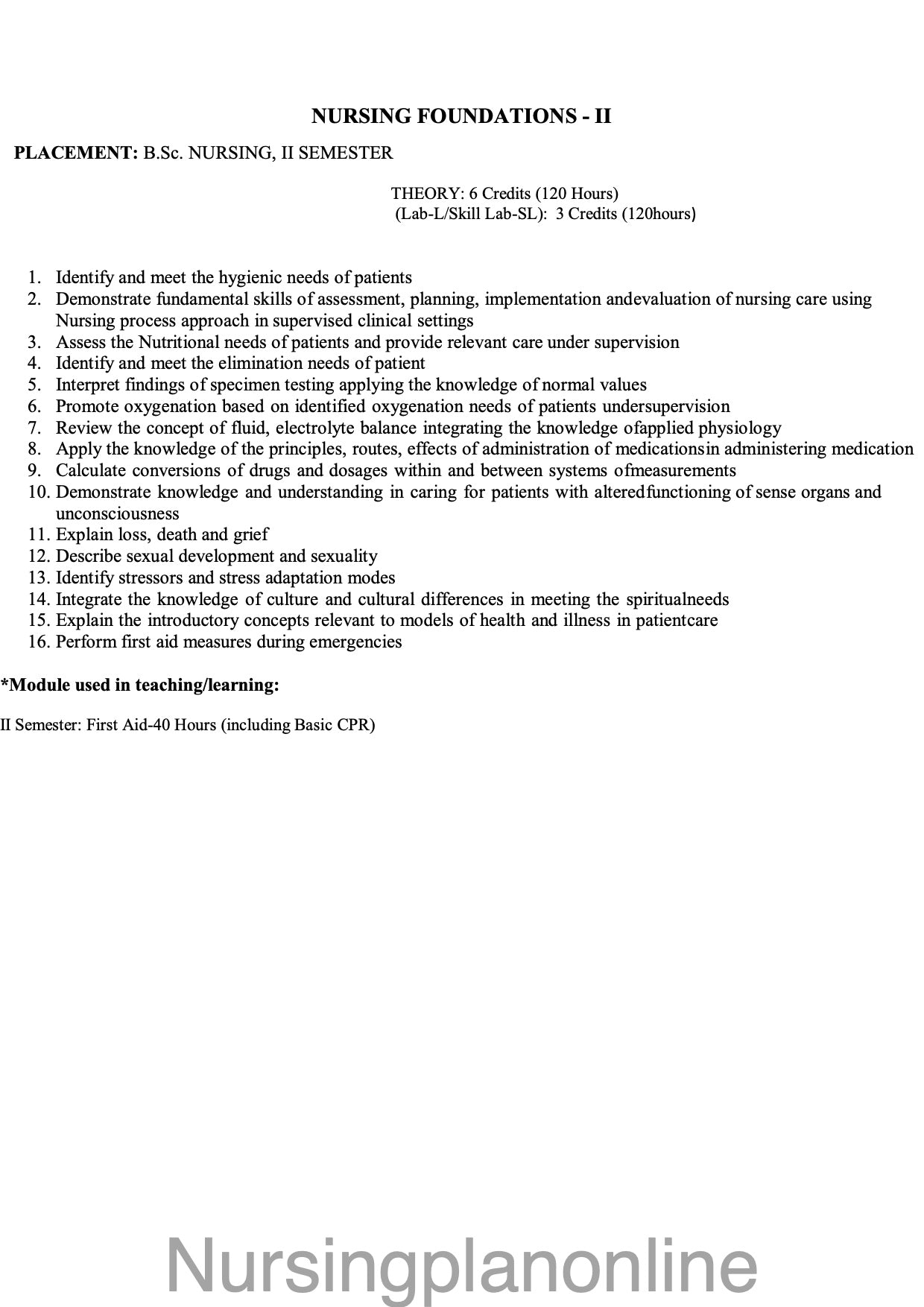 COURSE PLAN FOR B.Sc. NURSING II SEMESTER- NURSING FOUNDATIONS II - Nursing Plan Online