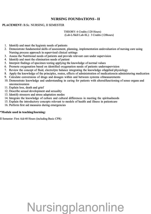 COURSE PLAN FOR B.Sc. NURSING II SEMESTER- NURSING FOUNDATIONS II - Nursing Plan Online