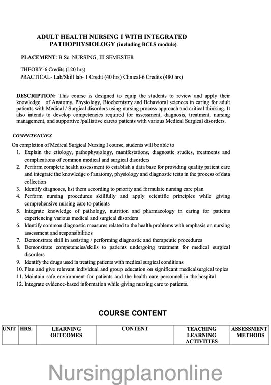 COURSE PLAN FOR B.Sc. NURSING III SEMESTER- ADULT HEALTH NURSING I WITH INTEGRATED PATHOPHYSIOLOGY (INCLUDING BCLS MODULE) - Nursing Plan Online