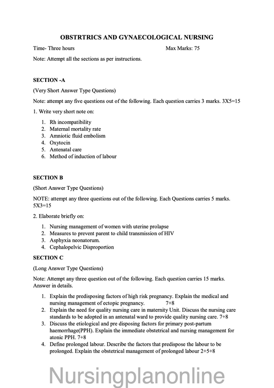 QUESTION PAPER - OBSTETRICS AND GYNECOLOGICAL NURSING - Nursing Plan Online