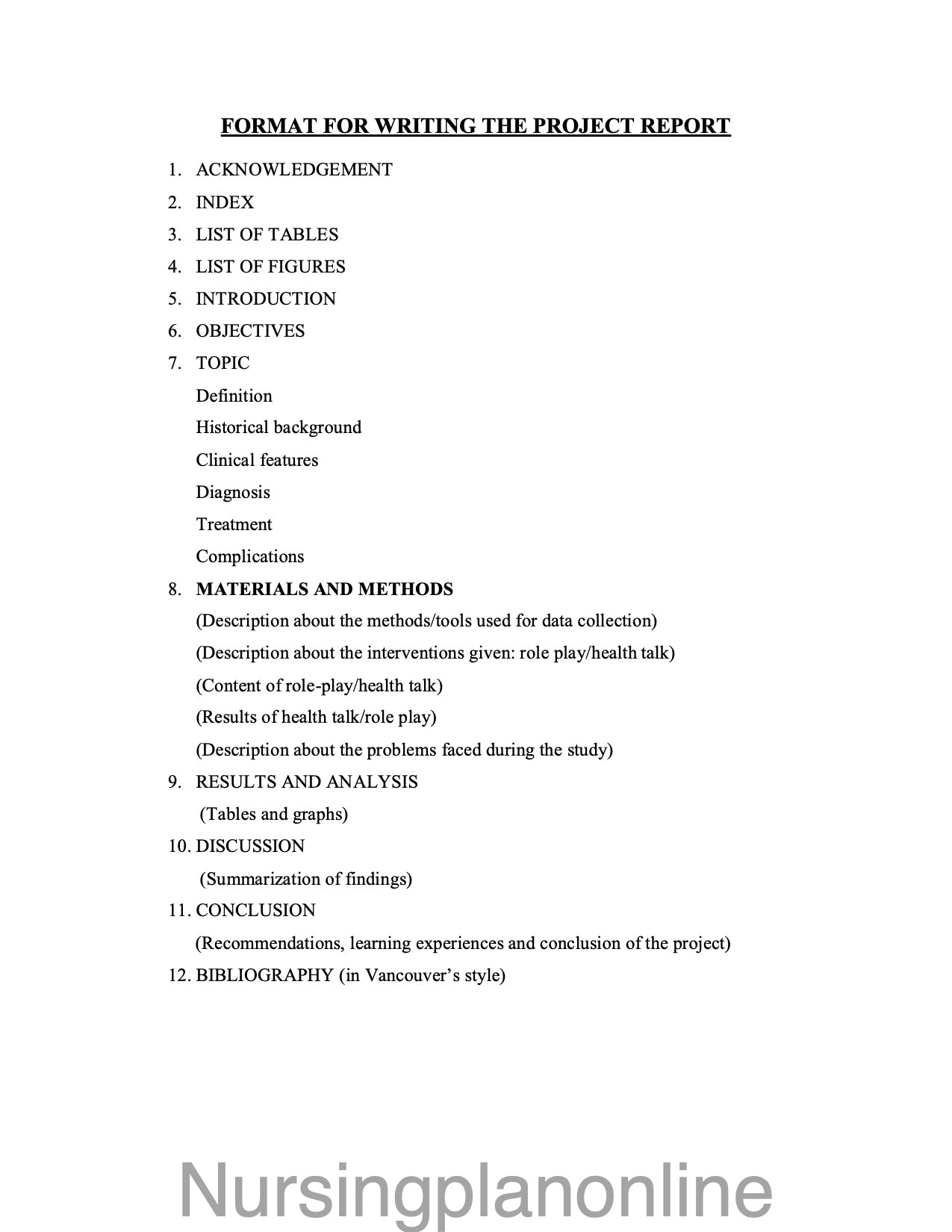 FORMAT- WRITING PROJECT REPORT - Nursing Plan Online