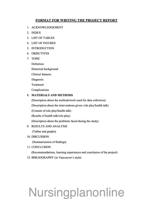 FORMAT- WRITING PROJECT REPORT - Nursing Plan Online