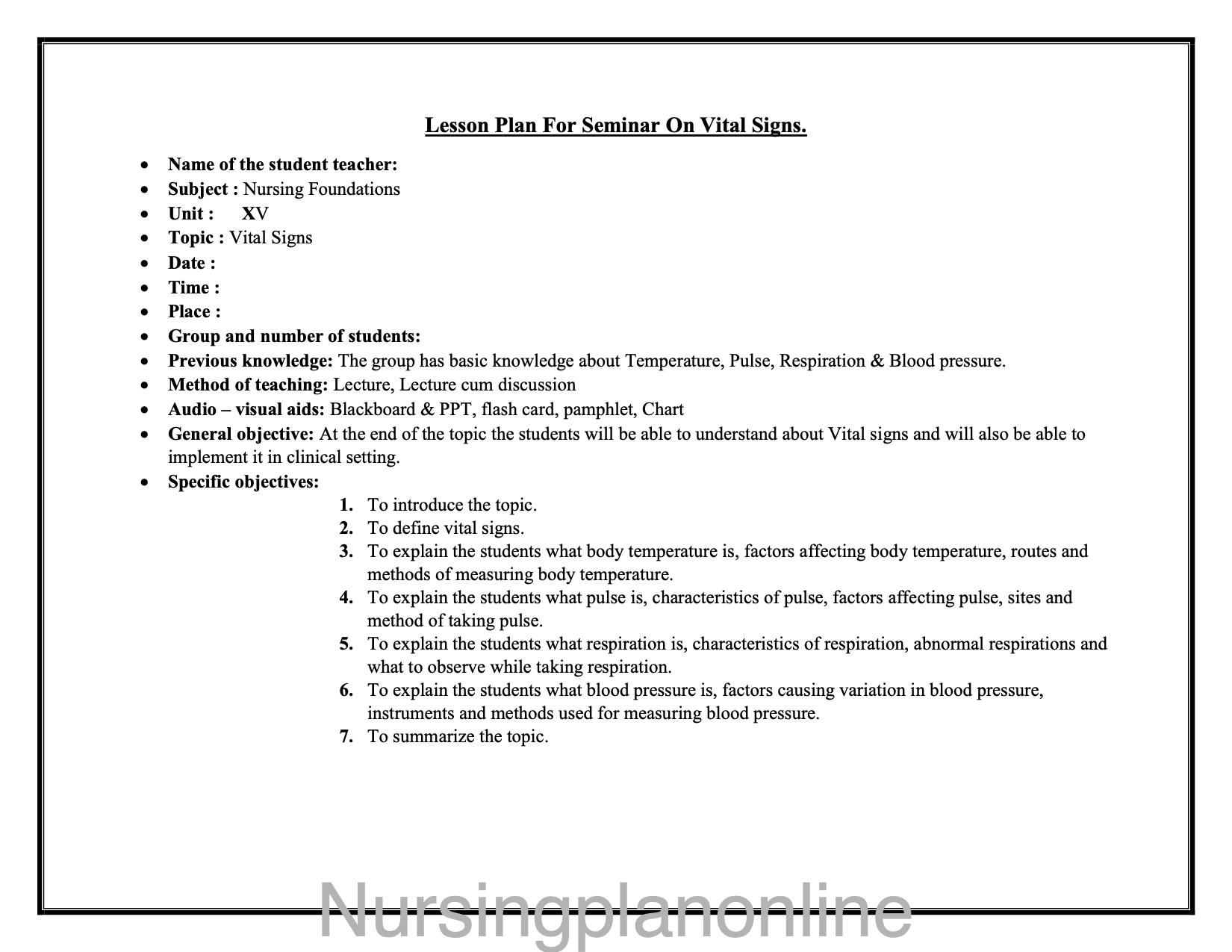 LESSON PLAN ON VITAL SIGNS I - Nursing Plan Online