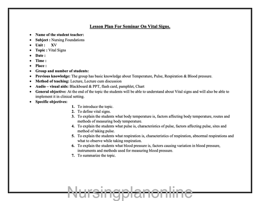 LESSON PLAN ON VITAL SIGNS I - Nursing Plan Online