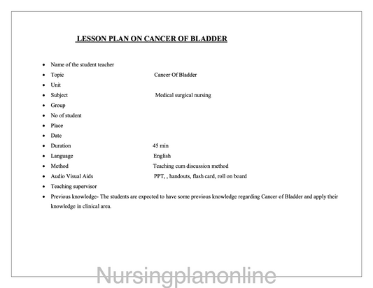 LESSON PLAN- CANCER OF BLADDER - Nursing Plan Online