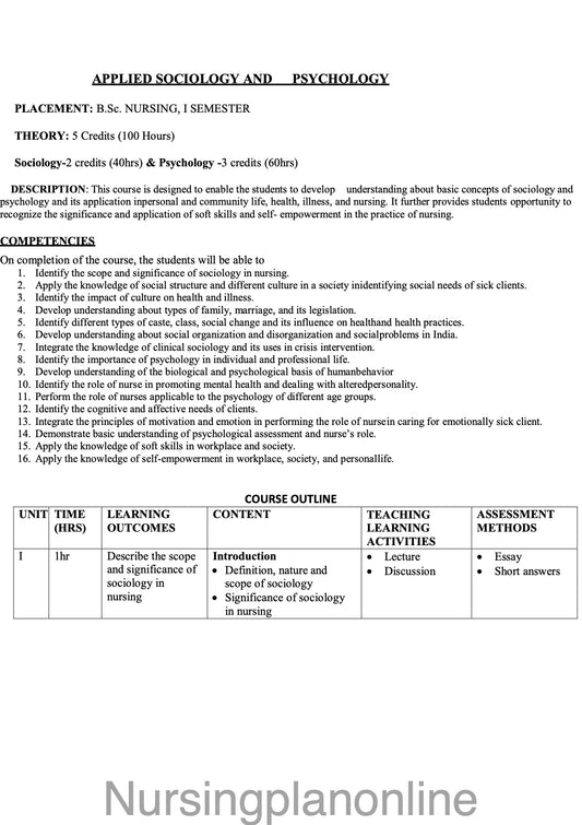 COURSE PLAN FOR B.Sc. NURSING I SEMESTER- APPLIED SOCIOLOGY AND PSYCHOLOGY - Nursing Plan Online