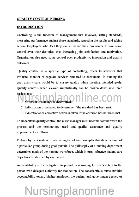 NOTES ON QUALITY CONTROL NURSING - Nursing Plan Online