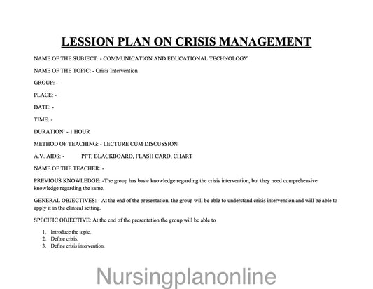 LESSON PLAN- CRISIS INTERVENTION - Nursing Plan Online