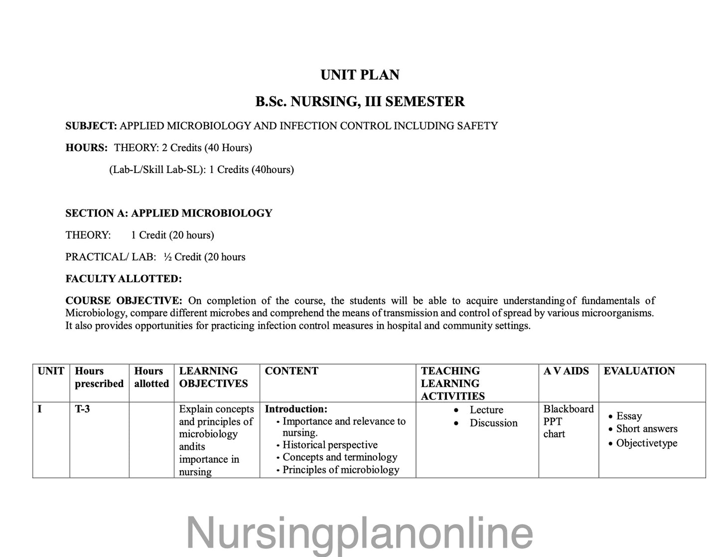 UNIT PLAN FOR B.Sc. NURSING III SEMESTER- APPLIED MICROBIOLOGY AND INFECTION CONTROL INCLUDING SAFETY - Nursing Plan Online