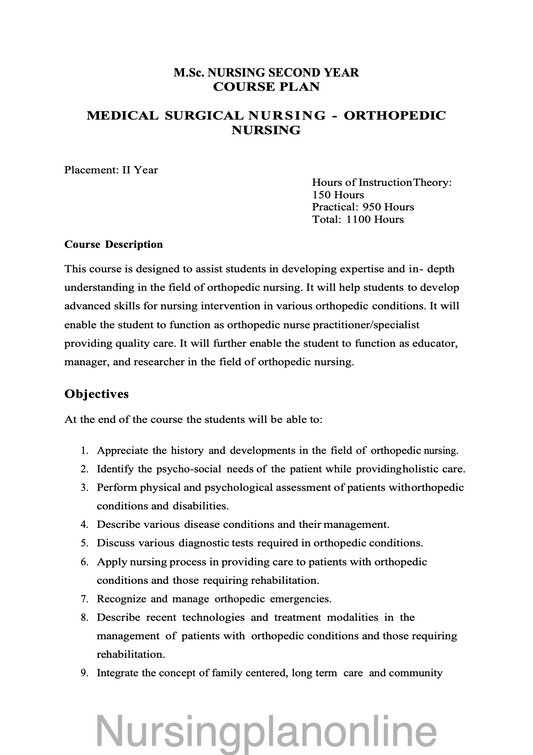 COURSE PLAN-  M.Sc. NURSING SECOND YEAR - MEDICAL SURGICAL NURSING (ORTHOPEDIC NURSING) - Nursing Plan Online
