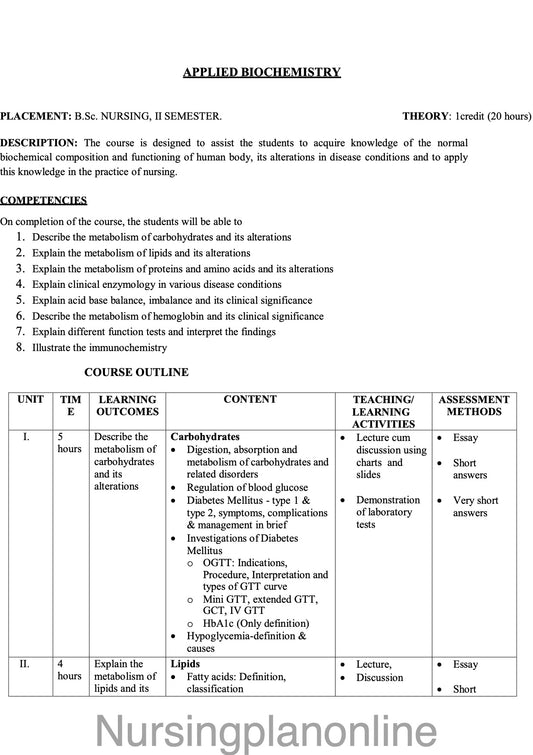 COURSE PLAN FOR B.Sc. NURSING II SEMESTER- APPLIED BIOCHEMISTRY - Nursing Plan Online