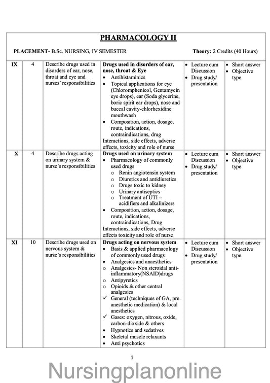 COURSE PLAN FOR B.Sc. NURSING IV SEMESTER- PHARMACOLOGY II - Nursing Plan Online