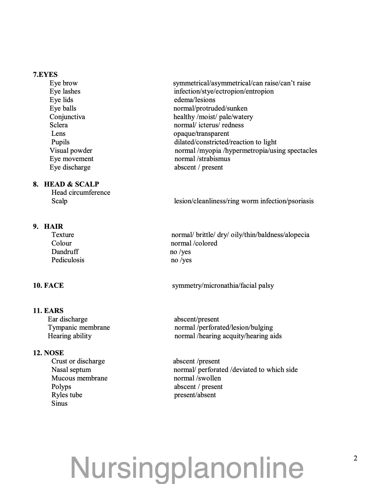 FORMAT- PHYSICAL EXAMINATION (HEAD TO TOE) - Nursing Plan Online