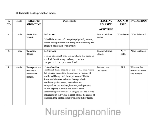 LESSON PLAN ON HEALTH AND ILLNESS MODEL - Nursing Plan Online