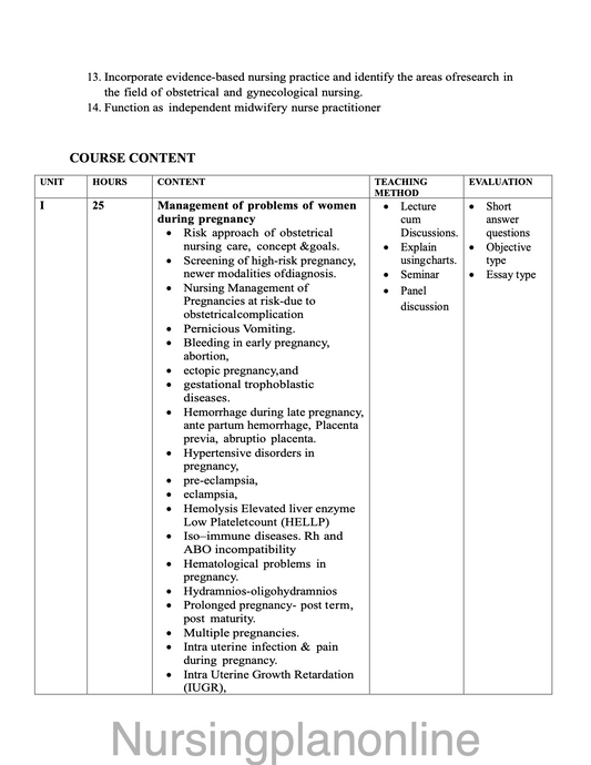 COURSE PLAN M.Sc. NURSING SECOND YEAR- OBSTETRIC AND GYNECOLOGICAL NURSING - Nursing Plan Online