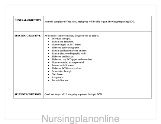 LESSO PLAN- ELECTROCARDIOGRAM - Nursing Plan Online