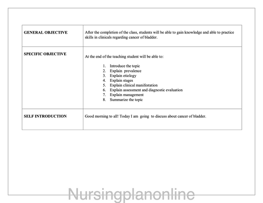 LESSON PLAN- CANCER OF BLADDER - Nursing Plan Online