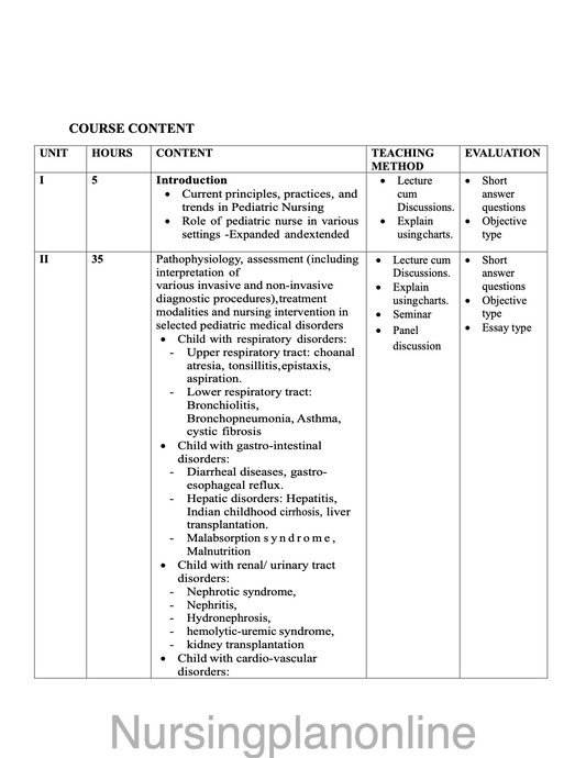COURSE PLAN M.Sc. NURSING SECOND YEAR- PEDIATRIC (CHILD) HEALTH NURSING - Nursing Plan Online