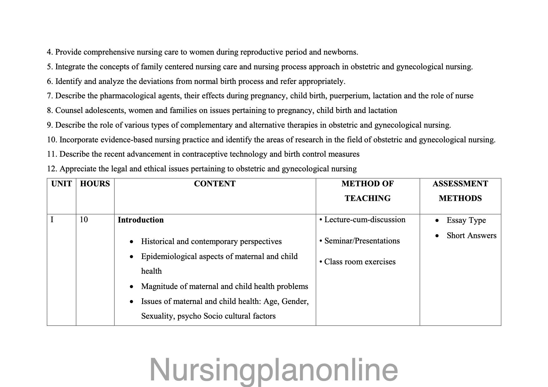 COURSE PLAN-  M.Sc. NURSING FIRST YEAR -  OBSTETRIC AND GYNECOLOGICAL NURSING - Nursing Plan Online