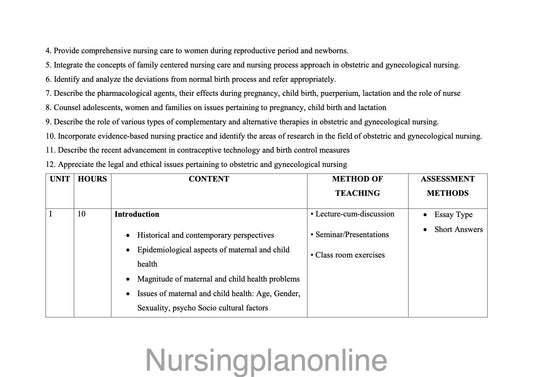 COURSE PLAN-  M.Sc. NURSING FIRST YEAR -  OBSTETRIC AND GYNECOLOGICAL NURSING - Nursing Plan Online