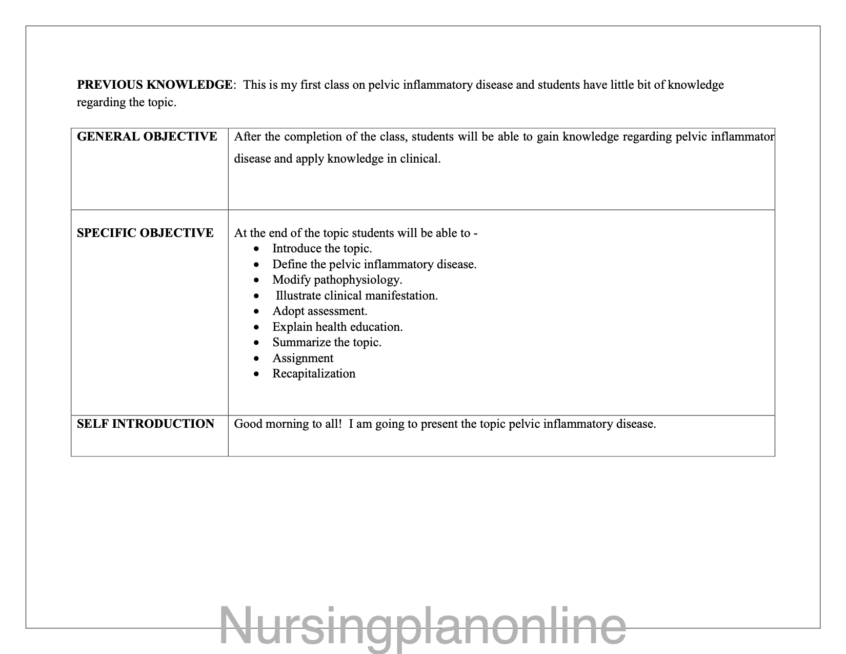 LESSON PLAN- PELVIC INFLAMMATORY DISEASE - Nursing Plan Online
