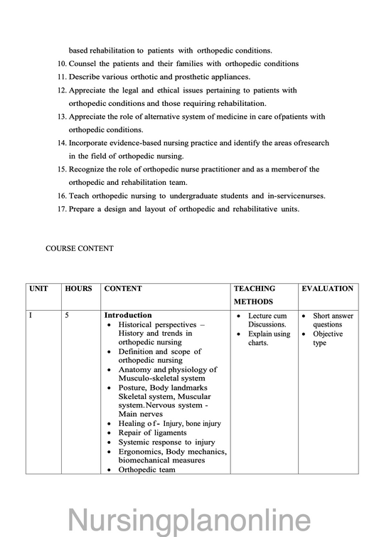 COURSE PLAN-  M.Sc. NURSING SECOND YEAR - MEDICAL SURGICAL NURSING (ORTHOPEDIC NURSING) - Nursing Plan Online