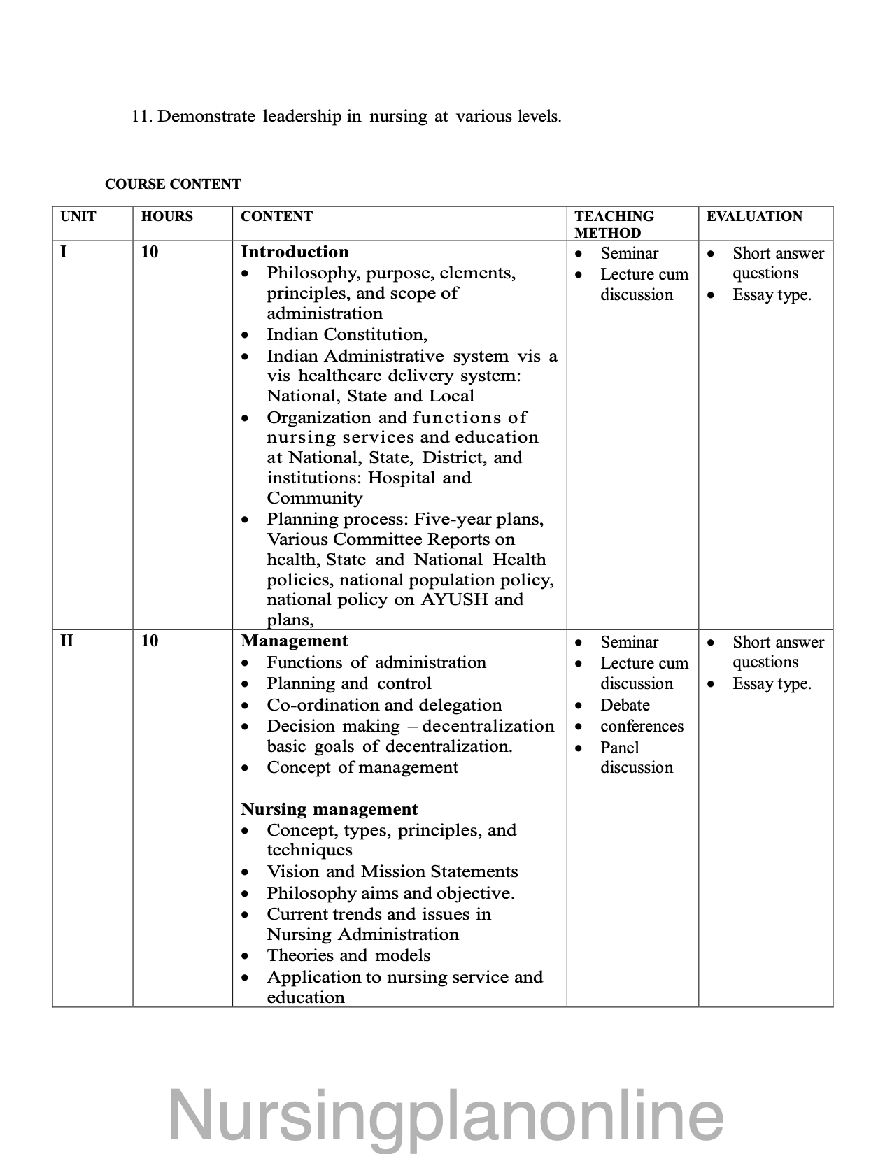 COURSE PLAN M.Sc. NURSING SECOND YEAR- NURSING MANAGEMENT - Nursing Plan Online