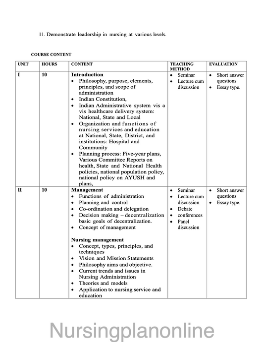 COURSE PLAN M.Sc. NURSING SECOND YEAR- NURSING MANAGEMENT - Nursing Plan Online