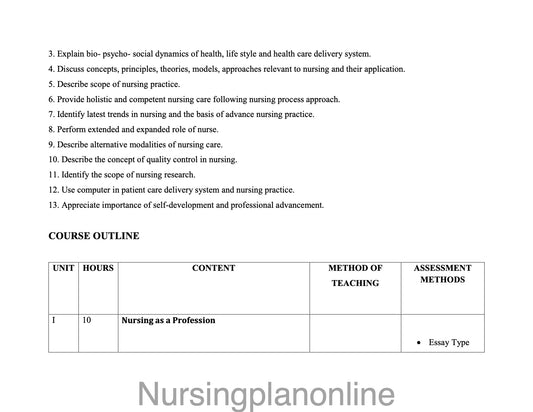COURSE PLAN-  M.Sc. NURSING FIRST YEAR -  ADULT NURSING PRACTICE - Nursing Plan Online