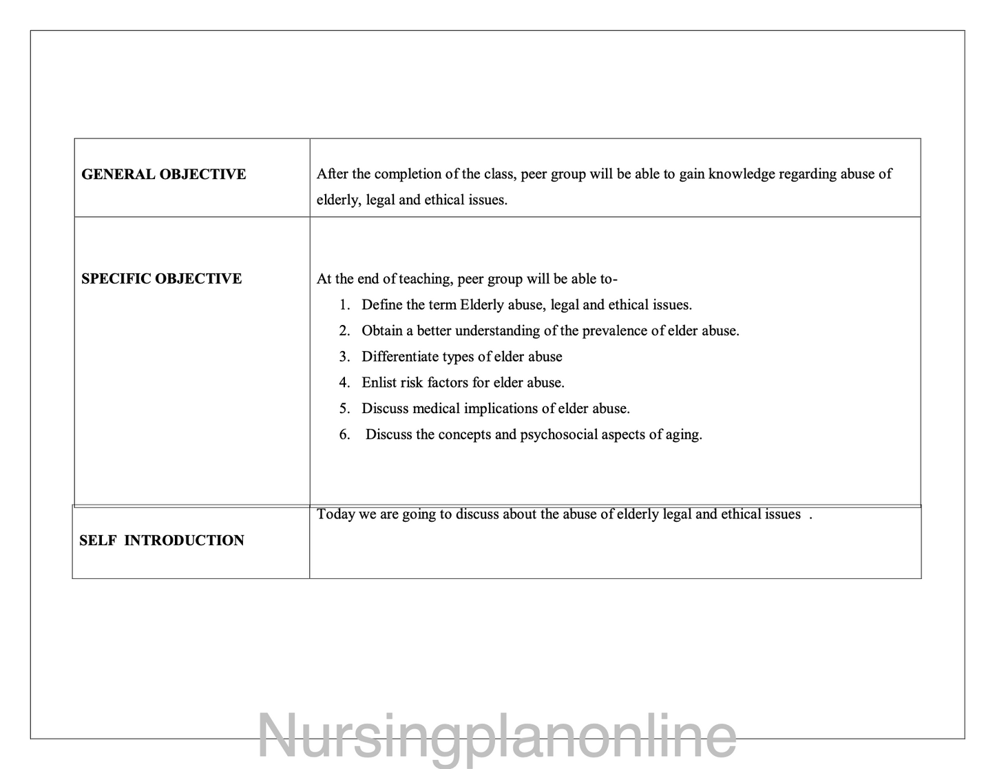 LESSON PLAN- ABUSE OF ELDERLY , LEGAL AND ETHICAL ISSUES - Nursing Plan Online