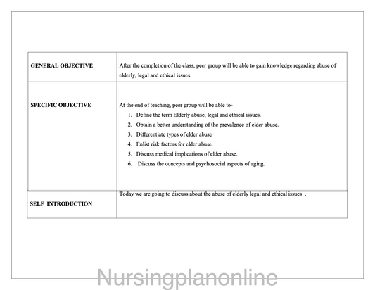 LESSON PLAN- ABUSE OF ELDERLY , LEGAL AND ETHICAL ISSUES - Nursing Plan Online