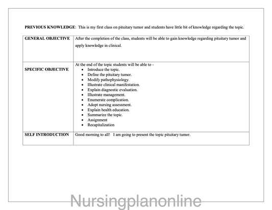 LESSON PLAN- PITUTARY TUMOR - Nursing Plan Online