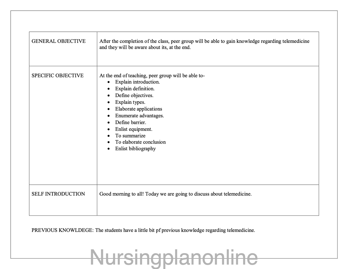LESSON PLAN- TELEMEDICINE - Nursing Plan Online