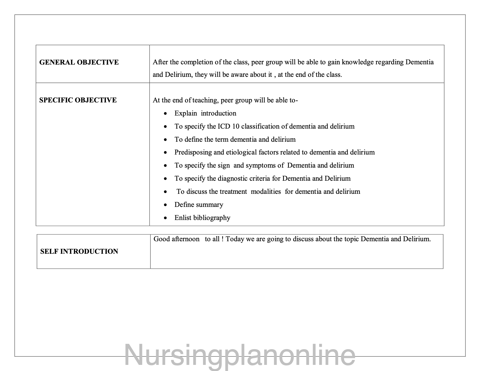 LESSON PLAN- DEMENTIA/ DELIRIUM - Nursing Plan Online