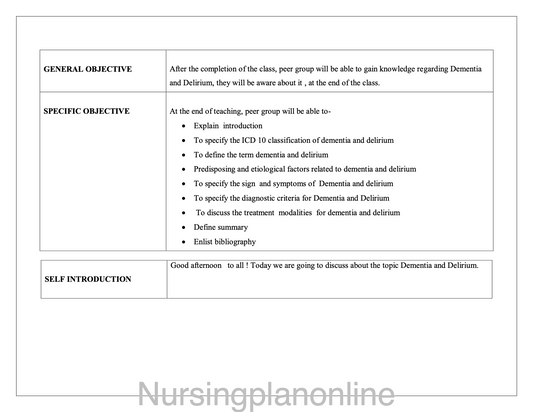 LESSON PLAN- DEMENTIA/ DELIRIUM - Nursing Plan Online