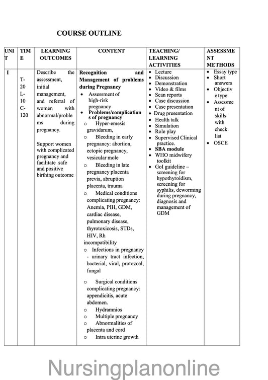 COURSE PLAN B.Sc. NURSING SEVENTH SEMESTER - MIDWIFERY/ OBSTETRICS AND GYNECOLOGICAL NURSING II - Nursing Plan Online