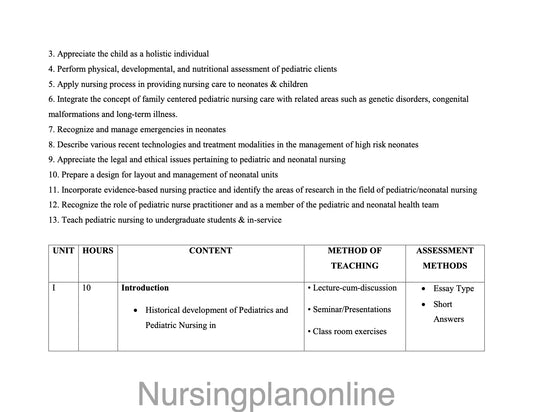 COURSE PLAN-  M.Sc. NURSING FIRST YEAR - CHILD HEALTH NURSING - Nursing Plan Online