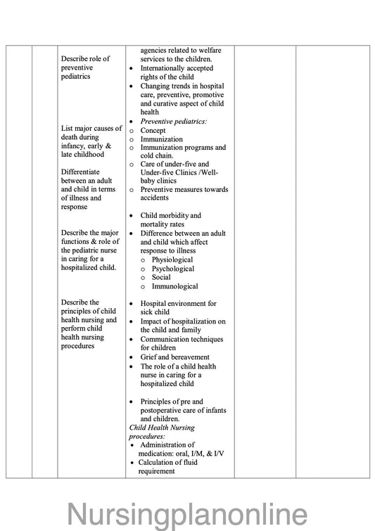 COURSE PLAN- B.Sc. NURSING V SEMESTER- CHILD HEALTH NURSING I - Nursing Plan Online