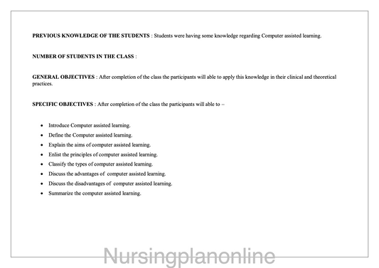 LESSON PLAN- COMPUTER ASSISTED LEARNING - Nursing Plan Online