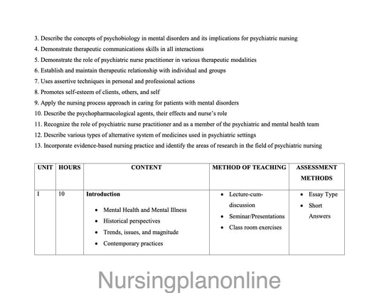 COURSE PLAN-  M.Sc. NURSING FIRST YEAR - MENTAL HEALTH NURSING - Nursing Plan Online