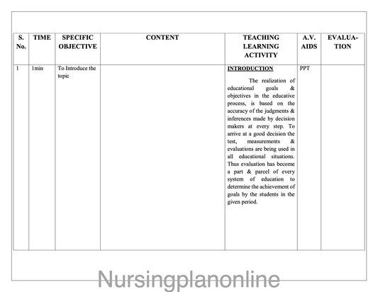 LESSON PLAN- STANDARDIZED TEST - Nursing Plan Online