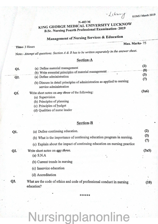 QUESTION PAPER- NURSING MANAGEMENT - Nursing Plan Online
