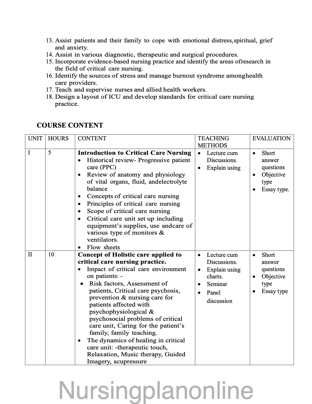 COURSE PLAN-  M.Sc. NURSING SECOND YEAR - MEDICAL SURGICAL NURSING ( CRITICAL CARE NURSING) - Nursing Plan Online