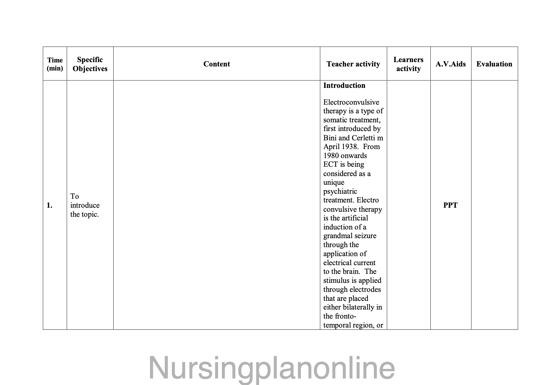 LESSON PLAN ELECTRO CONVULSIVE THERAPY - Nursing Plan Online