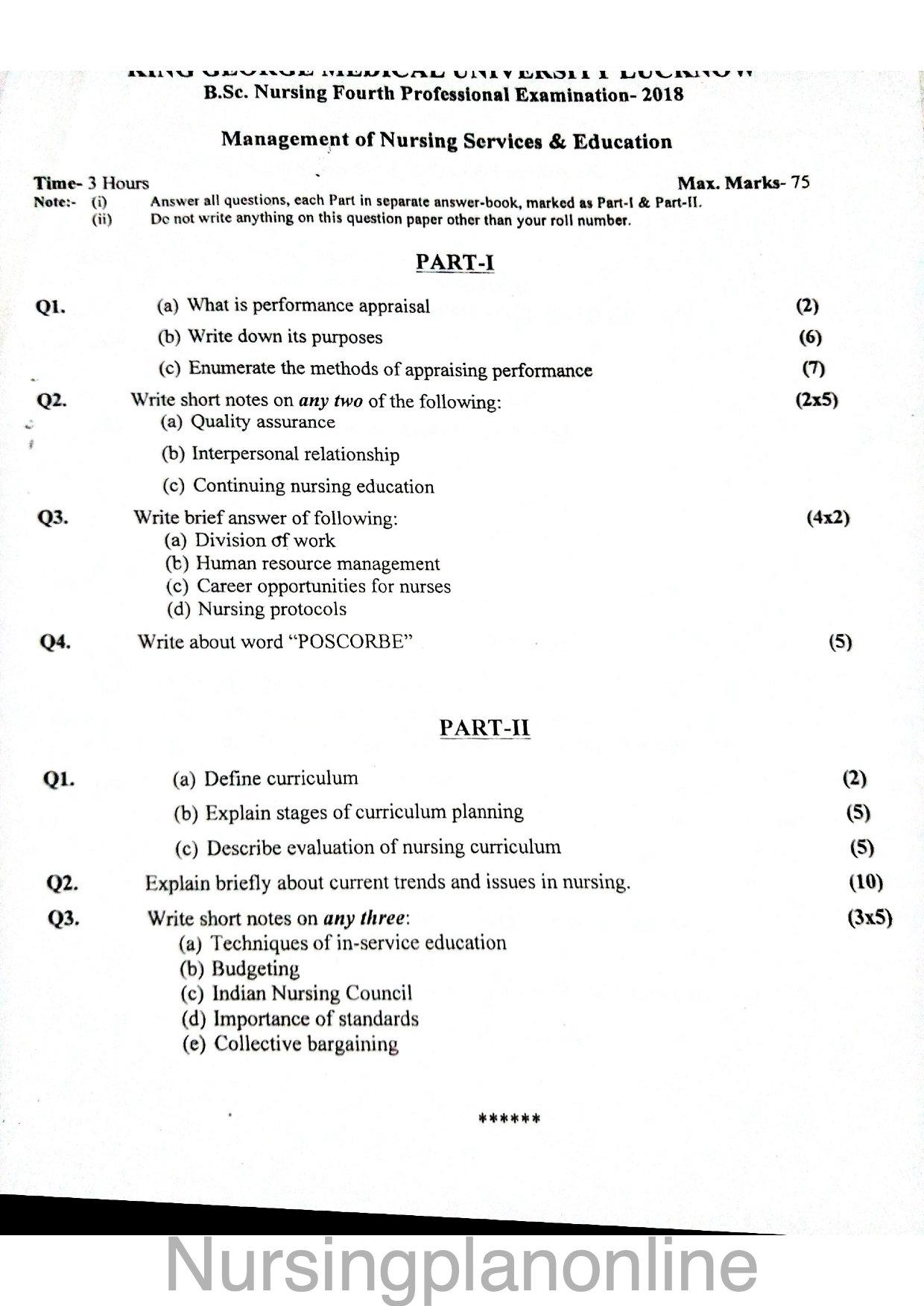 QUESTION PAPER- NURSING MANAGEMENT - Nursing Plan Online