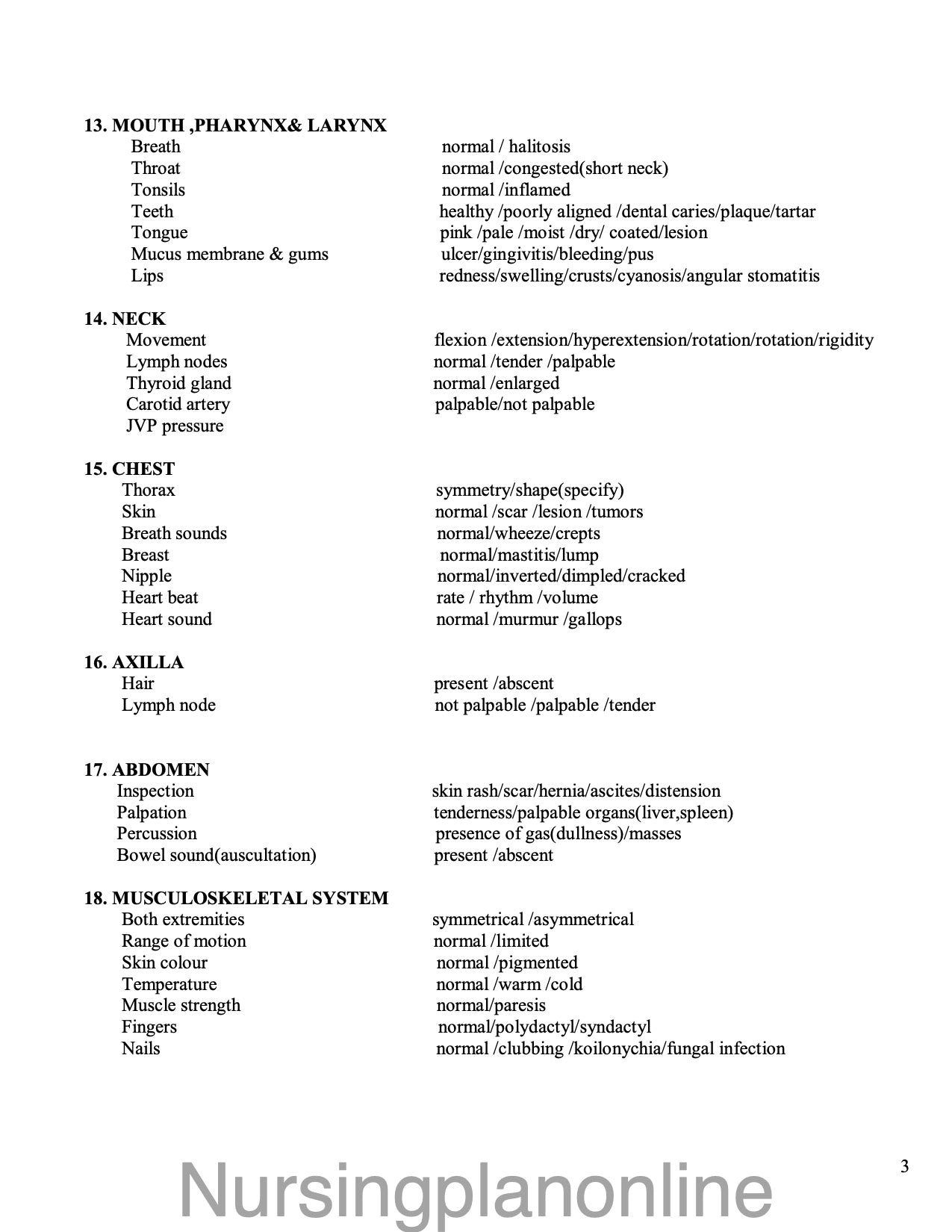 FORMAT- PHYSICAL EXAMINATION (HEAD TO TOE) - Nursing Plan Online