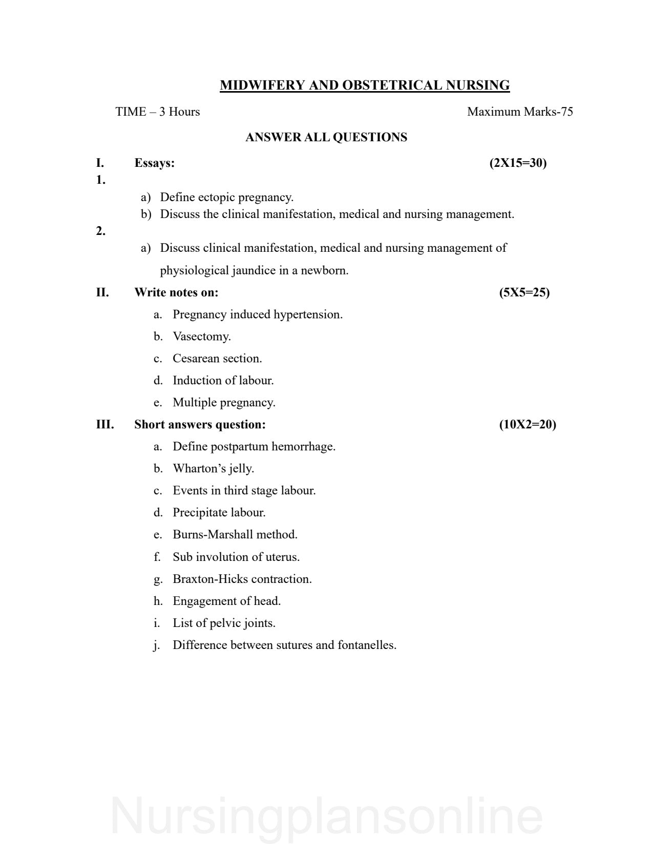 QUESTION PAPER- OBSTETRICS AND GYNECOLOGY NURSING