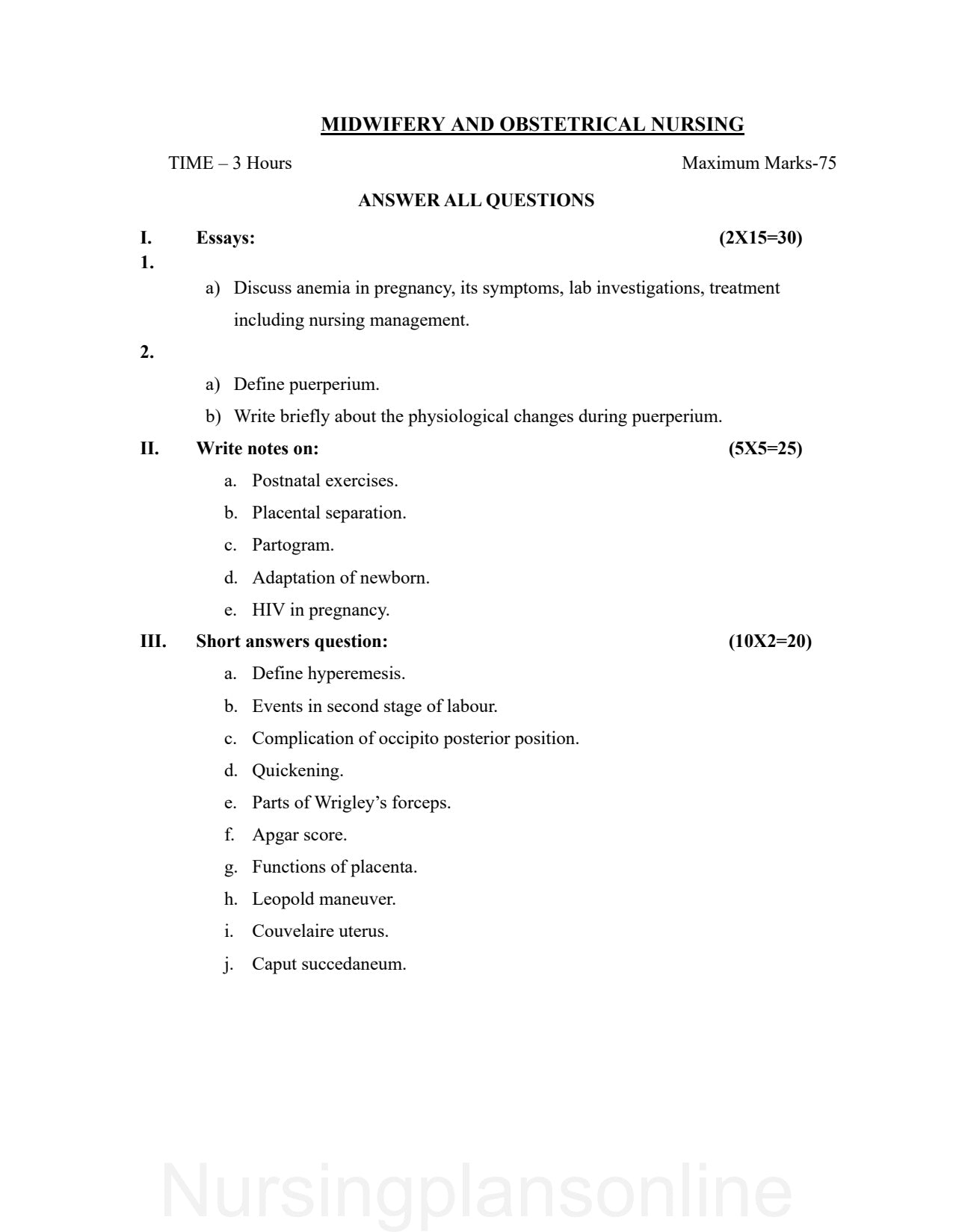 QUESTION PAPER- OBSTETRICS AND GYNECOLOGY NURSING