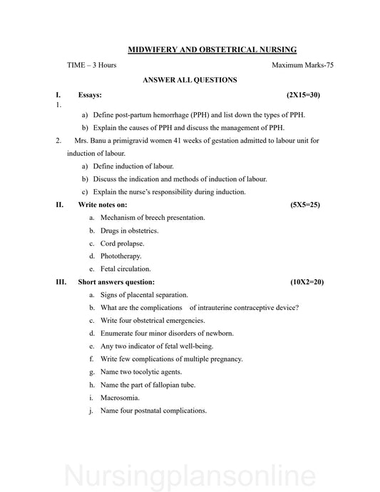 QUESTION PAPER- OBSTETRICS AND GYNECOLOGY NURSING